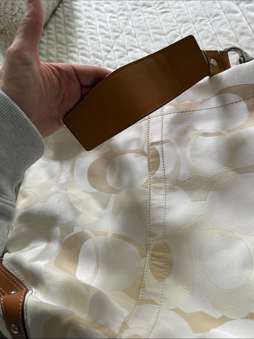 Coach Cream and Tan Signature Canvas Shoulder Bag
